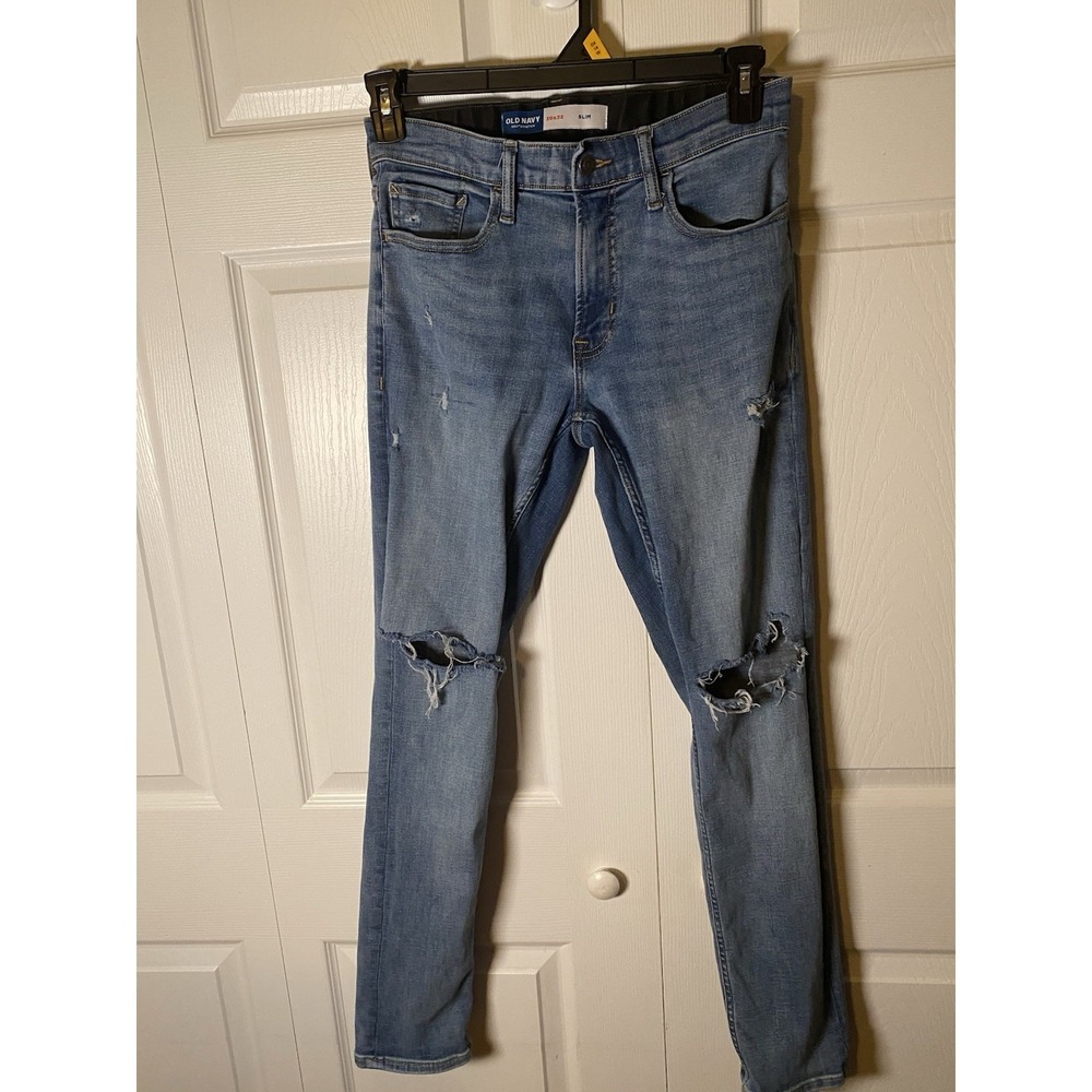 Old Navy Slim Denim Jeans Distressed Light Blue Medium Wash‎ 5-Pocket Men's